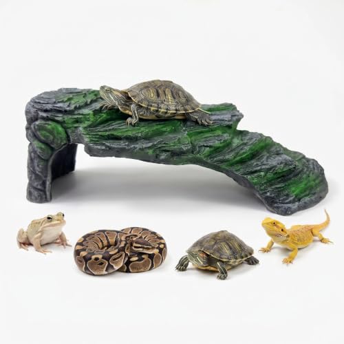 Reptile Basking Platform Rock Hide Cave, Premium Resin Terrarium Habitat Decor, 2-in-1 Climbing Step Ledge & Hidden Shelter for Bearded Dragon, Gecko, Lizard, Snake, Turtle, Frog and Aquarium Fish - color: pxs-cpt1
