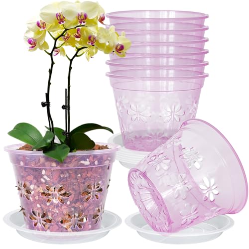 Orchid Pot, 8 Pack Orchid Pots with Holes & Saucers, Clear Plastic Pot for Repotting, Breathable Ventilation Planters for Phalaenopsis, Dendrobium & Oncidium Orchids(6 inch, red) - color: Red, size: 6'' 8pack