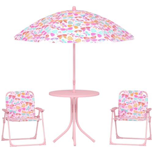 Qaba Kids Picnic Table and Chair Set Outdoor Butterfly Pink | Activity Table Foldable Chairs, Removable Umbrella, Patio Furniture, Backyard, Garden