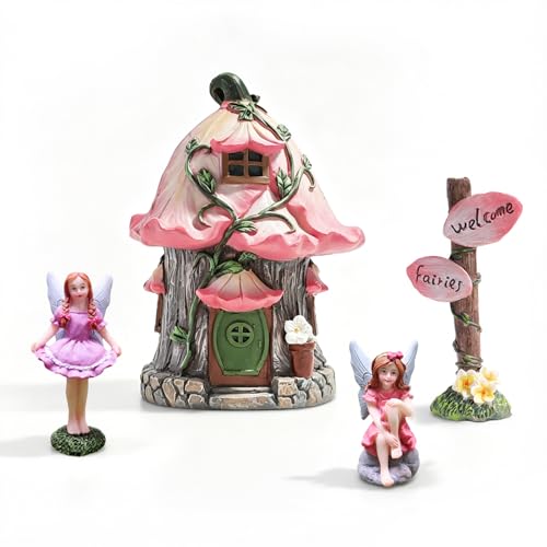Miniature Fairy Garden Mushroom House Kit with 2 Fairies & Welcome Sign | Fairy Garden Accessories Outdoor, Pink Flower Roof Mushroom Cottage, Resin Fairy Decor Supplies for Mini Village Garden - color: Pink Flower House With 2 Fairies & Welcome Sign