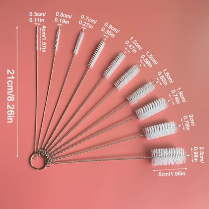 10-Piece Nylon Tube Cleaning Brush Set, Long Straw Brushes for Narrow Neck Bottles and Cups (White, 8 Inch)