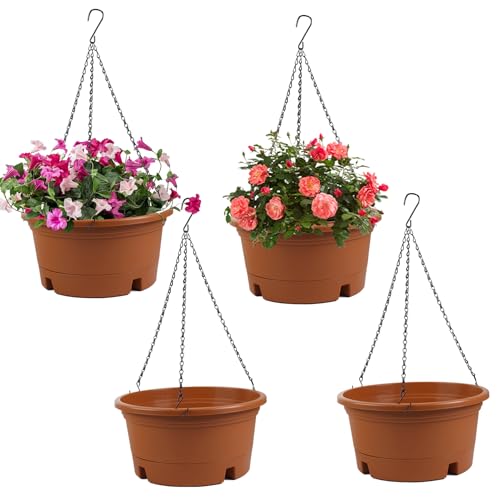 4 Pack 12 Inch Large Plastic Hanging Planters for Outdoor Plants - color: Terracotta, size: 12 Inch - 4 Pack