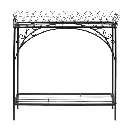 Black Long Double-Layer Plant Shelf, French Courtyard Style Metal Stand for Tall Potted Plants, Sturdy Indoor Outdoor Planter Holder Garden Decor