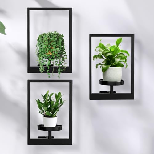 Garvee Wall Plant Holder, 3-Pack Metal Hanging Shelves, Indoor Planter Set | Square Wall Mounted Plant Shelves with 6 in Tray, Modern Window Plant Stand Hold 20 lbs, for Bedroom Living Room Home Decor