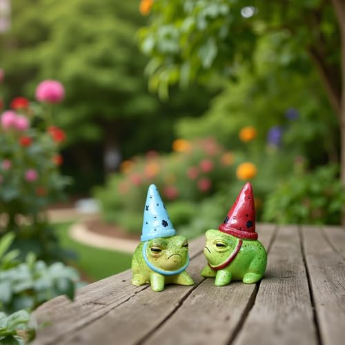 2Pcs Cute Resin Frog Figurines with Hats, Miniature Garden Animal Statues, Flower-Themed Fairy Garden Decor for Succulent Planters, Indoor & Outdoor Home Patio Yard Decoration