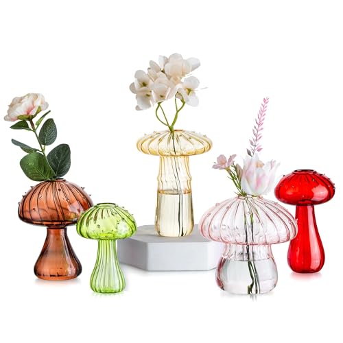 Glasseam Mushroom Glass Bud Vase Set of 5, Colored Small Vases for Flowers - color: Colorful