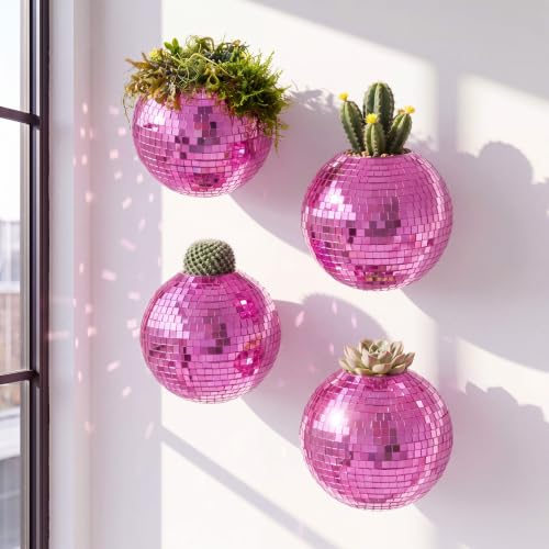 4 Pack Disco Ball Wall Planter 4.7 Inch Rose Red Mirror Disco Ball Wall Hanging Planter Glass Vase Boho Flower Pots Plant Terrariums for Indoor Outdoor Home Decorations