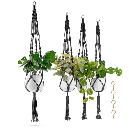 Sorbus Macrame Plant Hanger (4 Pack) Indoor Outdoor Hanging Plant Pots Cotton Rope, Elegant for Home, Patio, Garden (Black) - color: Black, size: 4 Pack