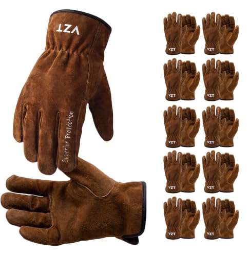 10 Pairs Leather Work Gloves for Men & Women, Bulk Pack, Durable Soft Grip, Heavy Duty Genuine Cowhide for Truck Drivers, Construction, Welding, Driving, Warehouse, Landscaping, Farm, Ranch. - color: Brown, size: Medium(Pack of 10)