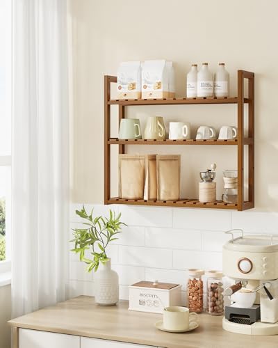 SONGMICS Bamboo Bathroom Shelf, 3-Tier Adjustable Plants Rack | Wall-Mounted or Stand, Living Room, Balcony, Kitchen, 5.9 x 23.6 x 21.3 Inches, Yellow Brown, BAMBOU Collection UBCB013K01 - color: Coffee Brown, size: 3 Tiers (5.9"D x 23.6"W)