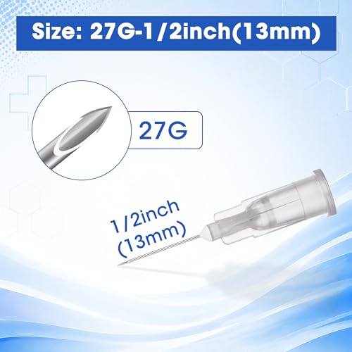 100 Pack 27G 1/2 inch Luer Lock Needle with Cap, Liquid Transfer Needles for Scientific Measuring and Refilling, Disposable Individual Package - size: 27Ga×1/2"(13mm)