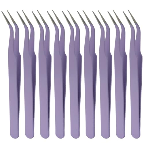 Murtenze 9 Pack Precision Tweezers, Stainless Steel Craft Curved Pointed Long Tweezer with Protective Cover for Eyelash Extensions, Jewelry Making, Rhinestones, Nail Art (Purple) - color: Purple