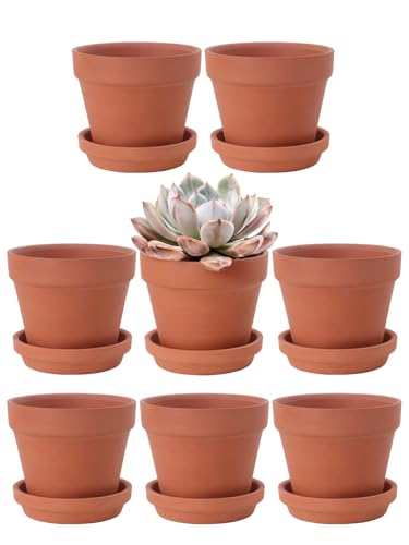 INGOFIN 4 Inch Terracotta Pots with Saucers, 8 Pack Shallow Clay Plant Pots with Drainage Holes for Succulents, Cactus, Herbs, Small Terra Cotta Pots for Indoor Outdoor, Set of 8 - size: Shallow 4 inch -8 pcs