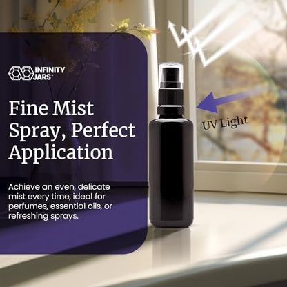 Infinity Jars 50 Ml (1.7 fl oz) Black Ultraviolet Glass Fine Mist Spray Bottle Cleaning Products Refillable Containers Homemade Perfume Blends Room, Sprays Bath Beauty Hair, Screw Top Bottles - size: 50 ML