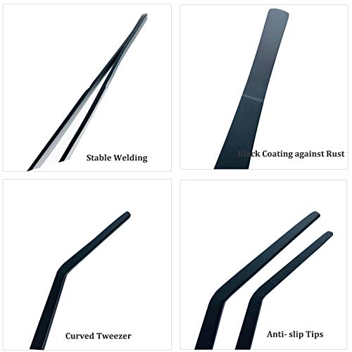 FRUTA Aquarium Tweezers Stainless Steel Curved Tweezer with Carbonation Protection Coating Against Rust Long Reptiles Feeding Tongs for Aquatic Plants Spider Snakes Lizards, 15 inch - Black Curved