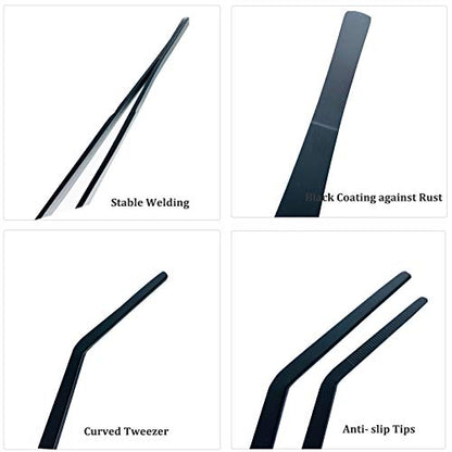 FRUTA Aquarium Tweezers Stainless Steel Curved Tweezer with Carbonation Protection Coating Against Rust Long Reptiles Feeding Tongs for Aquatic Plants Spider Snakes Lizards, 15 inch - Black Curved