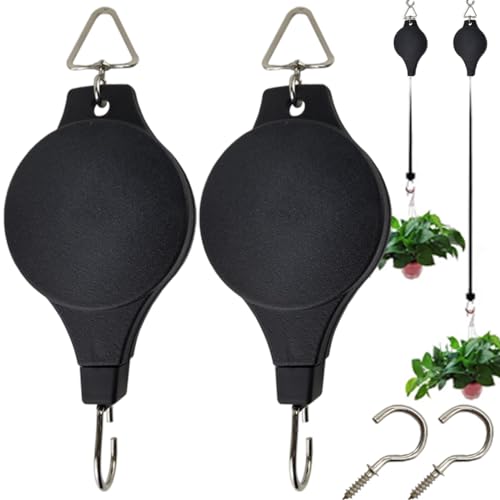 TIHOOD Heavy Duty Plant Pulley Hanger (2PCS), Adjustable Ceiling Hooks for Garden Baskets & Bird Feeder, Max Weight 33 LB, Black