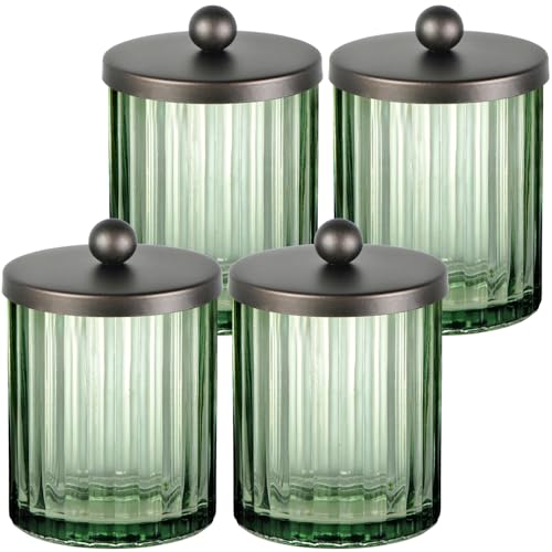 Amolliar Green Glass Qtip Holder Apothecary Jar Metal Lid (Bronze 4 Pack) | Canister for Cotton Balls, Makeup Pads, Floss Picks, Bathroom Essential Accessory, Countertop Q Tip Holder Storage Organizer - color: Bronze, size: 4 Pack