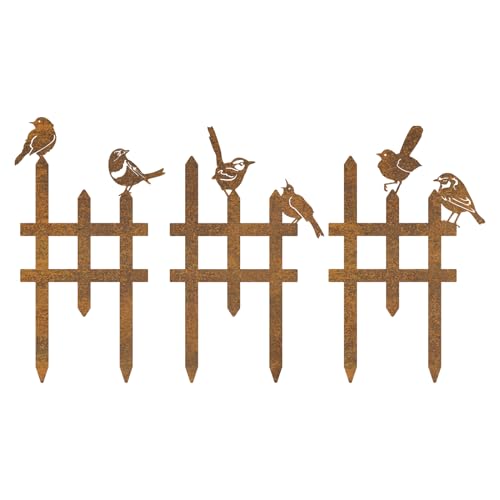3 Pcs Small Garden Fence with 6 Piece Bird Decoration, Rustic Garden Decor | Insert Lawn Picket Fence Garden Borders Decorative for Landscape Path Flowerbeds Plant Yard, Outdoor Sculptures Art (Rusty) - color: Rusty