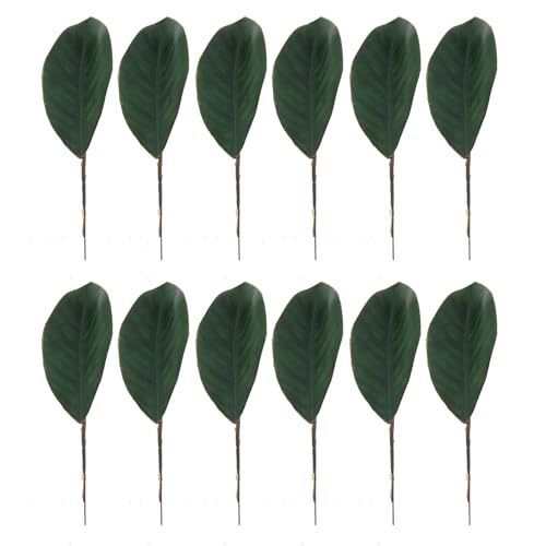 12PCS 19.5x6cm Artificial Small Size Simulation Magnolia Leaf Green Artificial Magnolia Leaf Stem Suitable for Making Corsage Decoration Craft