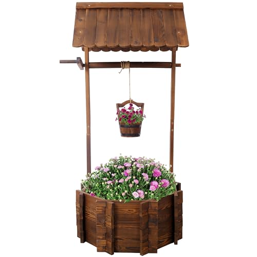 Rustic Wooden Wishing Well Planter Outdoor Home Décor for Patio, Garden, Yard w/Hanging Bucket