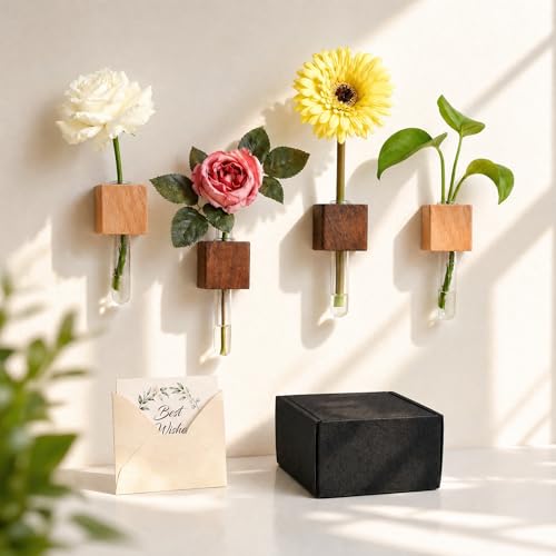 4-Piece Magnetic Wooden Vases - Magnetic Wood Blocks with Test Tubes for Refrigerator & Locker Decor | All-in-One Floral Gift Set with Greeting Card for Mom & Teachers (Walnut&Oak) - color: Walnut&oak