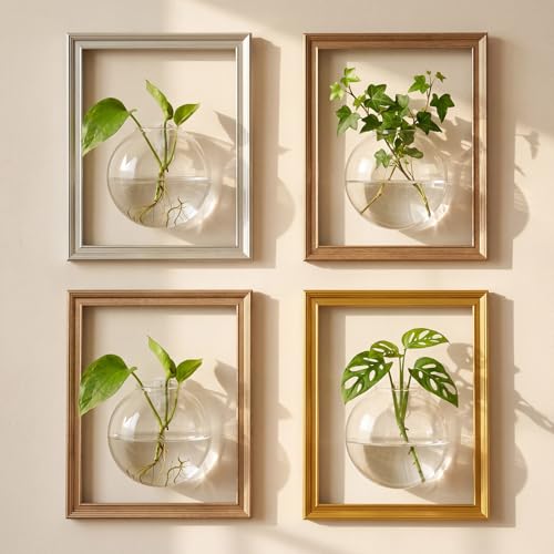 Kathfly 4 Set Glass Wall Vase Planters with Picture Frame Botanical Living Walls Planter Glass Vases Farmhouse Wall Propagation Planter Station for Hydroponics Plant Home Hallway Decor(Gold Series) - color: Gold, Clear