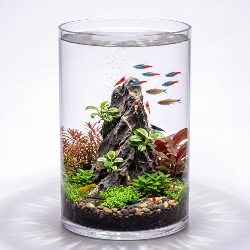 Maxdot 3.2 Gallon Cylindrical Glass Fish Tank Solid Base, 360° Full View Desktop Aquarium Starter, Easy to Maintain Small Microfauna for Betta Snails Shrimp Aquatic Planting and Small Plant Terrarium - size: 3.2 Gallon