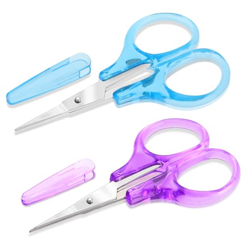 2 Pcs Small Scissors All Purpose, 3" Sharp Small Travel Scissors with Cover Stainless Steel All Purpose Straight Fine Tip for Sewing Crafting Paper Cutting Crochet Hair Trimming (Blue, Purple) - color: Blue+purple