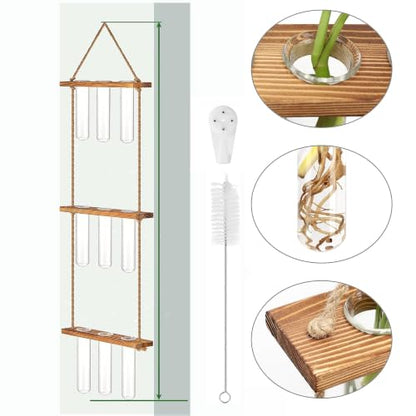 Plant Propagation Hanging Station, 3 Tier Wall Hanging Terrarium with Wooden Stand, Flower Vase Test Tube Glass Planter Stations for Hydroponic Cuttings, Home, Garden, and Office Decor