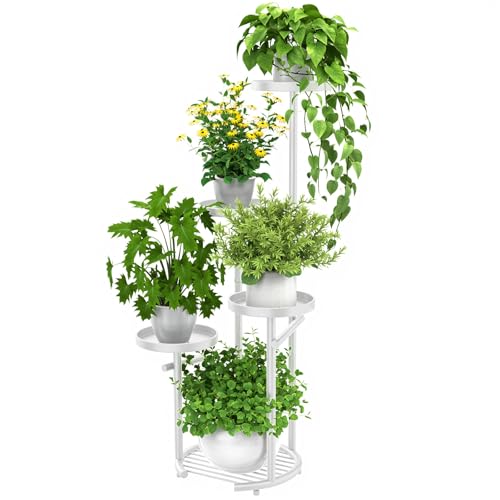 TOSKING Tall 5-Tier Round Metal Corner Plant Stand Indoor, Anti-Tip, White | 37.7-Inch Height, Space-Saving Design, Heavy-Duty Construction, Vertical Multi-Plant Display, Outdoor Ready, Adjustable Feet - color: White, size: 5tier Rd