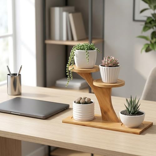 Bamboo Plant Stand, 3 Tier Window Sill Plant Shelf, Desktop Small Indoor Plant Stand, Bamboo Table Top Plant Shelf for Succulent Herb, Perfect for Window Sill, Living Room, Home Office, Patio Balcony Decor & Gift