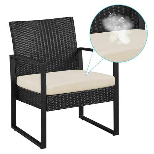 Yaheetech 3 Pieces Rattan Bistro Set, Outdoor Wicker Patio Modern Conversation Furniture, 2 Chairs & Tempered Glass Coffee Table for Garden, Balcony, Backyard, Poolside, Black/Beige - color: Black/Beige
