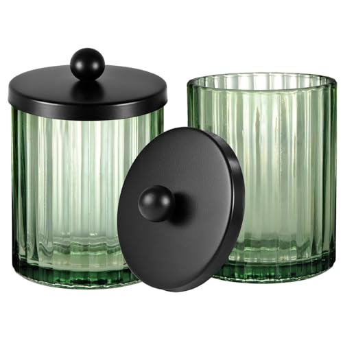 Amolliar Green Glass Apothecary Jar, Qtip Holder for Bathroom(Black 2 Pack) | Canister for Cotton Balls, Makeup Pads, Floss Picks, Bathroom Essential Accessory, Countertop Q Tip Holder Storage Organizer - color: Black, size: 2 Pack
