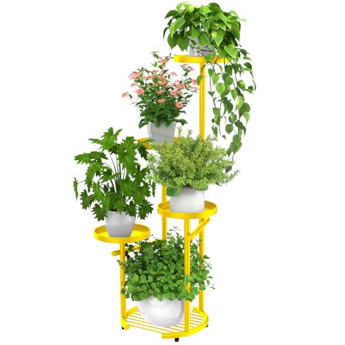 TOSKING Tall 5-Tier Round Metal Corner Plant Stand Indoor, Anti-Tip,Yellow | 37.7-Inch Height, Space-Saving Design, Heavy-Duty Construction, Vertical Multi-Plant Display, Outdoor Ready, Adjustable Feet - color: Yellow, size: 5tier Rd