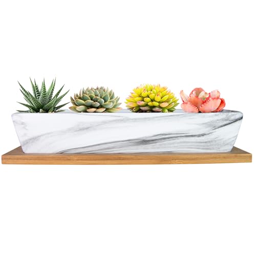 ARTKETTY Succulent Pots, 9.8 Inch Ceramic Succulent Planters with Drainage Small Bonsai Pot with Bamboo Tray, Mini Cactus Flower Planter Pot Shallow Rectangular Window Planters for Indoor Plants - color: Marble White