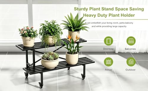 Zhongma 2 Tier Heavy Duty Metal Plant Stand with wheels Indoor Outdoor Use - size: 2-Tier: L35.43 x W17.5 x H16.14 w Wheels