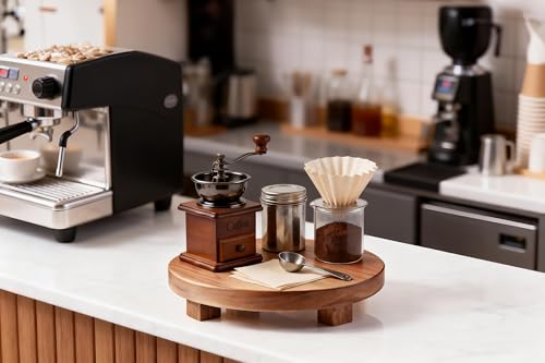 Kurrajong Farmhouse footed wooden stand. 10" wide and 2" high round Acacia Wood Riser. Wooden pedestal stand for Kitchen Counter, Coffee Station, Bathroom, Plants, Candles. Rustic Countertop Riser board