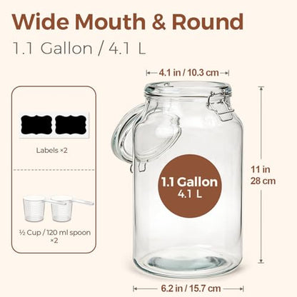 ComSaf Large Glass Jars with Airtight Lids 1.1 Gallon 2 Pack Wide Mouth | BPA-free food-grade glass, wire clamp seal, wide mouth, 138 oz, bulk flour & sugar, rice, kimchi prep, large mason jar - size: 138oz*2