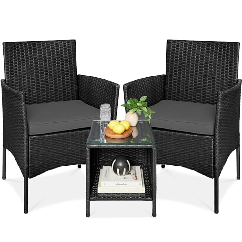 Best Choice Products 3-Piece Outdoor Wicker Conversation Bistro Set, Space Saving Patio Furniture for Garden w/Side Table - Black/Gray - color: Black/Gray