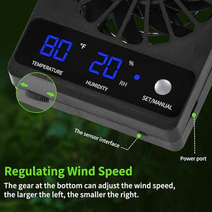 Reptile Tank Fan with Thermometer & Hygrometer | LED Display, Auto Ventilation for Enclosures & Terrariums
