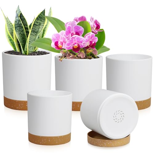 WSMKSZ 5 Pack Cylindrical Flower Pots with 7/6.5/6/5/4 inch, Modern Small Plastic Plant Pots with Drainage Holes & Saucers, Round Planter Pots for Outdoor, Indoor & Office Decor (White Brown) - color: White With Brown, size: 7+6.5+6+5+4 inch