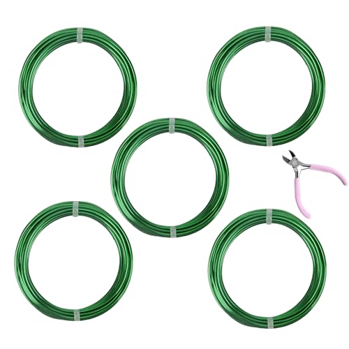 5 Rolls Aluminum Craft Wire Kit with Side Cutter Pliers, Multi-Size [18/15/12/10/9] Gauge, Flexible Metal Wire Set for Jewelry Making, Bonsai and Sculpting (82 Ft Total, 16.4 Ft/Roll, Green) - size: 5 Gauges Set 16.4Ft Each, style: Green
