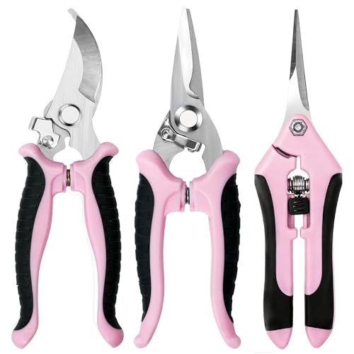 EWPJDK 3 Pack Garden Pruning Shears Scissors Clippers Stainless Steel(Pink) | Gardening Shears, Gardening Shears, Pruning Snips for Gardening Tools, Securely Lock, Non-Slip, Ergonomically Designed - style: Pink