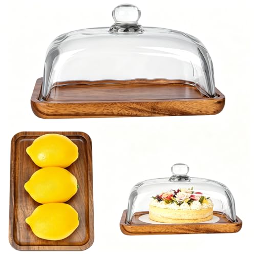 1 Pack Rectangular Wooden Cake Stand with Glass Dome,Small Cake Plate Holder with Clear Glass Bell,Cake Display Server Tray for Kitchen,Birthday Parties（for up to 5.5x3.3inch in Size） - color: Rectangular(for Up to 5.5x3.3" in Size）