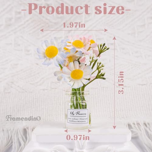 Framendino, 6 Pack Mini Daisy Flower Ornament Cute Artificial Miniature Flowers Glass Vase Decorations for Car Dashboard Interior Decor