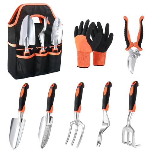 Garden Tools Set, 8 Piece Gardening Tools Set with Non Slip Ergonomic Handle, Heavy Duty Garden Tool Set with Storage Bag, Gardening Kit for Women, Garden Hand Tools Gift for Women and Men, Orange - color: Orange