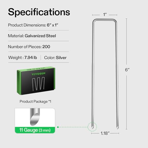 VIVOSUN 6-Inch 400-Pack Garden Stakes, 11-Gauge Galvanized Steel U-Shaped Staples for Landscape Fabric, Ground Cover, Soaker Hose, Irrigation Tubing, and Fence Securing - size: 200 PCS (Pack of 2)