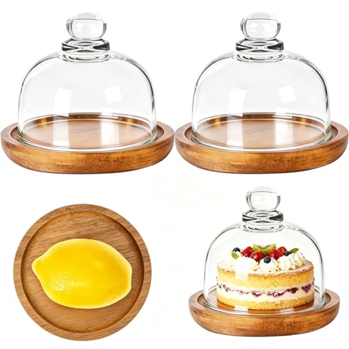 2 Pack Ultra Mini Wooden Base Cake Display Stand with Glass Dome,Cloche Clear Glass Bell Jar Cover for Dessert Cheese Candy Plants Succulents （for Sizes up to 3 "） - color: 4 Inch X2pack（for Sizes Up to 3 "）