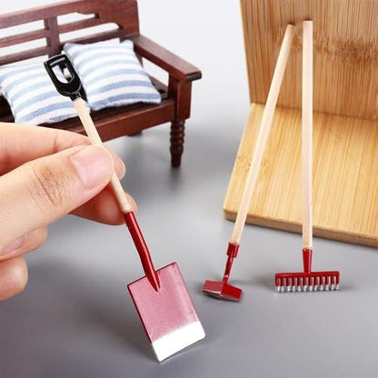 3Pcs Miniature Garden Tools 1:12 Mini Shovels and Rake Farm Tools Fairy Garden Furniture Dollhouse Accessories (Black) - color: Black